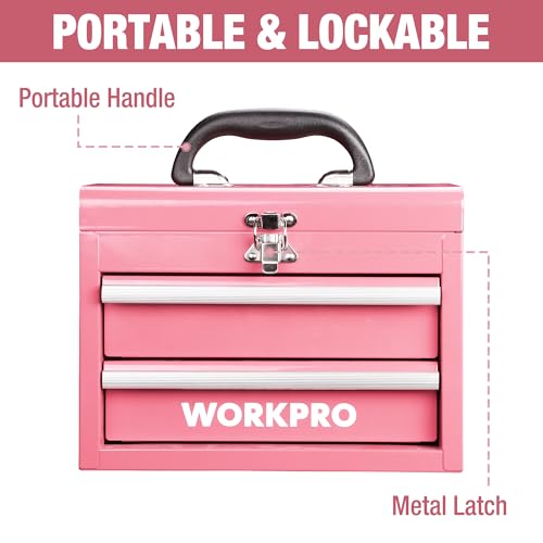 WORKPRO Portable Mini Tool Box 2-Drawer Chest with Top Storage, Pink