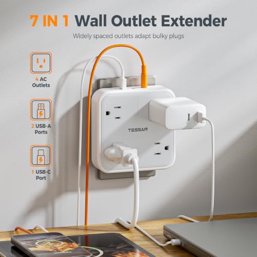 TESSAN Grey 4 Outlet Power Strip with 2 USB-C Ports and Surge Protection