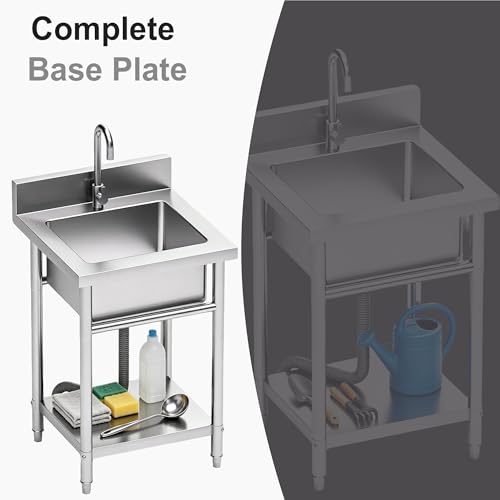 19in Stainless Steel Utility Sink with Hot & Cold Water Pipes - Free Standing Kitchen & Laundry