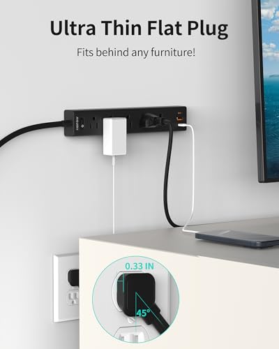 6Ft Surge Protector Power Strip with 1700J, 5AC & 3 USB-C Outlets, Black, Flat Plug Extension Cord