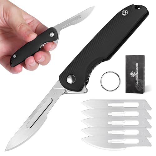 MINI-FREE-WOLF Scalpel Folding Knife with 5 Replacement Blades #24, EDC DIY Tool Small Pocket Knife for Men, Black Compact