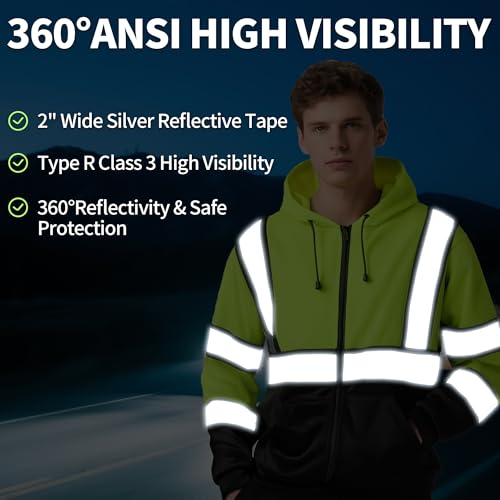 High Visibility Hoodie for Men Class 3 Hi Vis Safety Hoodies Reflective Construction Sweatshirt with Pockets