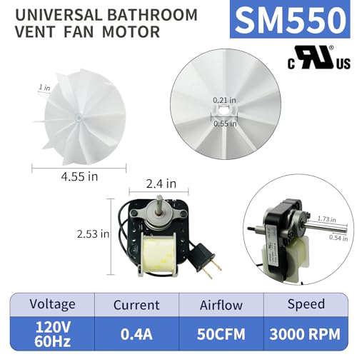 SM550 Universal Bathroom Exhaust Fan Motor 50 CFM 120V 60Hz Reversible