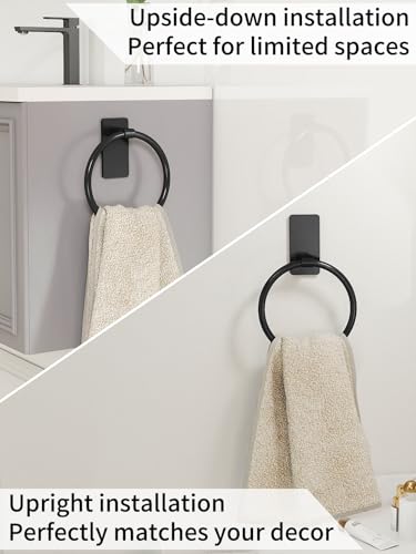STWWO Black Adhesive Hand Towel Ring for Bathroom, No Drill, Rustproof