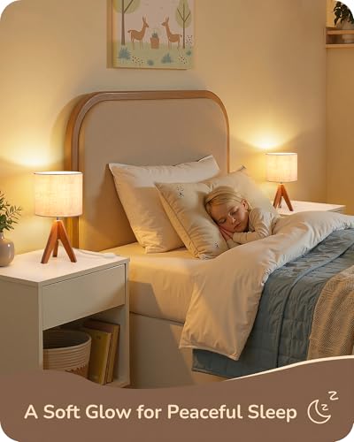 EDISHINE Small Tripod Bedside Lamp with Light Brown Wooden Finish, 14.2 Inch, E26 Base