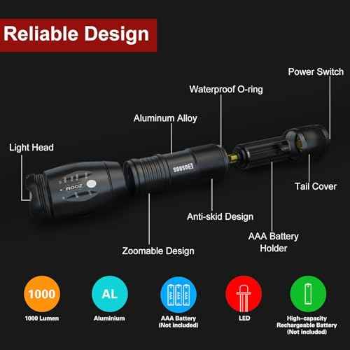 COSOOS LED Flashlight with Holster, Bright Tactical Flashlight High Lumen, Zoomable 5-Mode Portable Waterproof Flash Light for Emergency, Hiking, Outdoor Camping Gear Accessories, No Battery