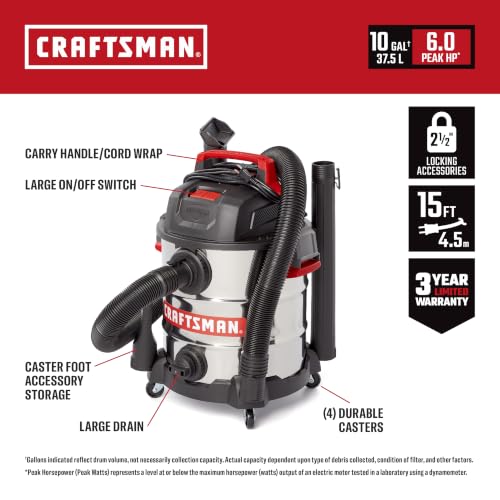CRAFTSMAN 10 Gallon Wet Dry Vac 6.0 Peak HP Stainless Steel Shop Vacuum