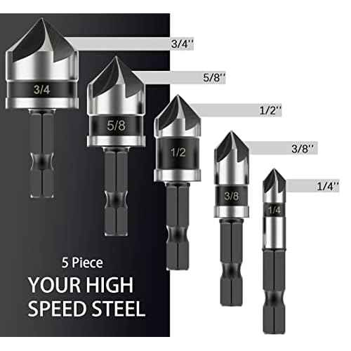 Countersink Drill Bit Set for Metal 5 Pieces - M2 Cobalt Countersunk Bits,5 Flute 82 Degree,1/4" Hex Shank Countersunk Bit Set 1/4'' 3/8'' 1/2'' 5/8'' 3/4'' for Drilling Copper, Aluminum, and Wood.
