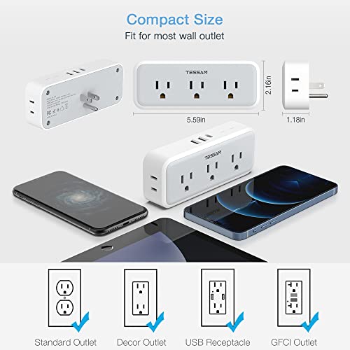 TESSAN 5 Outlets Wall Plug Extender with USB-C & Surge Protection, Grey