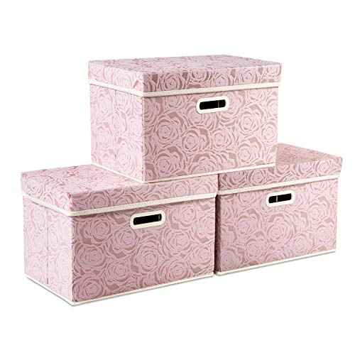 PRANDOM Collapsible Storage Boxes with Lids Fabric Decorative Storage Bins Cubes Organizer Containers Baskets with Cover Handles Divider for Bedroom Closet Living Room 14.9x9.8x9.8 Inch 3 Pack