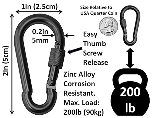 5cm Black Zinc Galvanized Steel Bushcraft Locking Carabiner Clips 6-Pack