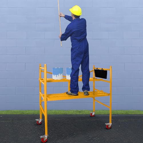 LEADALLWAY Yellow 4-Foot Portable Rolling Scaffold Platform with 2 Adjustable Levels