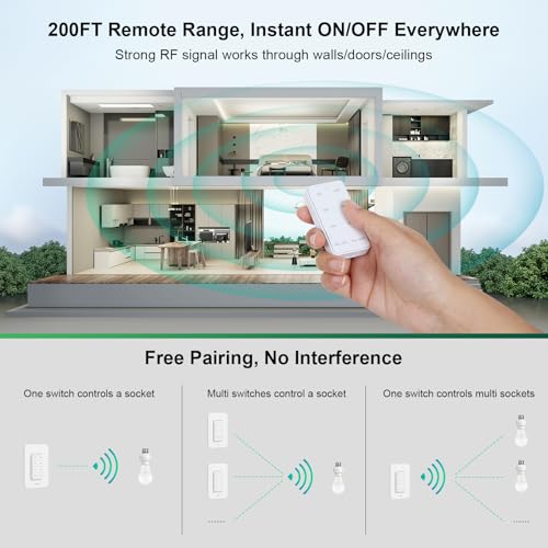 Treewell Remote Control Light Bulb Socket Kit with Wall Switch - 200FT Range, E26/E27, Compatible with LED/CFL/Incandescent, 1 Wall Switch + 1 Socket