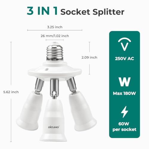 DiCUNO 3 in 1 E26 Light Socket Splitter, 360° Adjustable & 180° Bendable