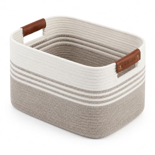 ordnestidy White Brown Cotton Rope Laundry Basket 15.4GAL, Collapsible Rectangular Hamper