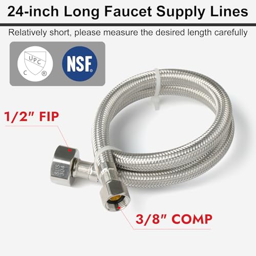 Midanya 24 Inch Stainless Steel Faucet Supply Lines 1/2" FIP x 3/8" Compression - 2 Pack