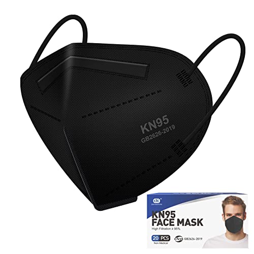 ctc connexions KN95 Black Face Masks 20pcs 5-Layer Cup Dust Masks Filtration Efficiency ¡Ã95% Individually Packaged Breathable Face Mask