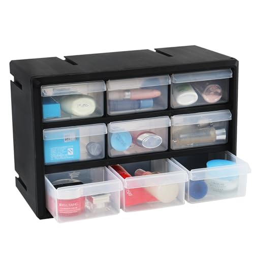 Guankan Plastic Parts Cabinet with 9 Drawers, Black Desktop Storage Organizer