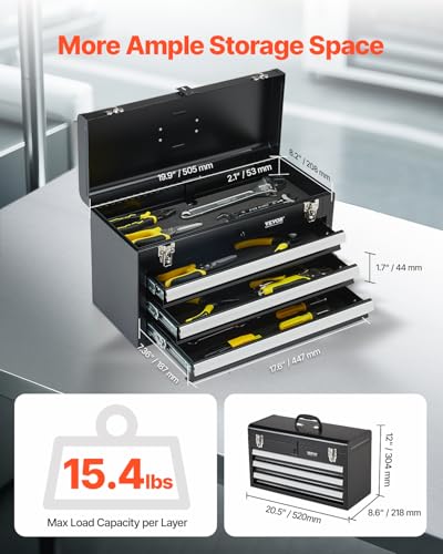 VEVOR 20.5-Inch Metal Tool Box with 3 Drawers, Auto-Lock Top Box – Black (3-Drawer Variant)