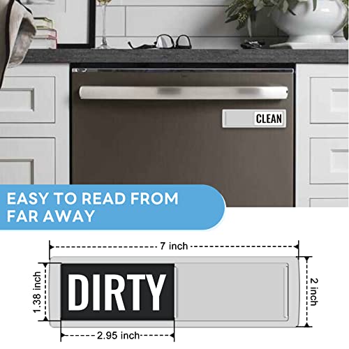 K KitchenTour Dishwasher Magnet Clean/Dirty Sign - Large Text, Silver Frame, 7x2 in, Strong Magnetic, Includes Adhesive Stickers (2-1-abs-black&white)
