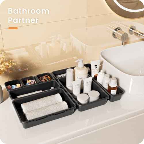 ¡¼??????????¡½A-LUGEI Plastic Black Desk Drawer Organizer, Bathroom Organizers and Storage, Makeup Organizer, Organization and Storage Bin Container for Vanity Office Utensils Tool Pantry Cosmetic