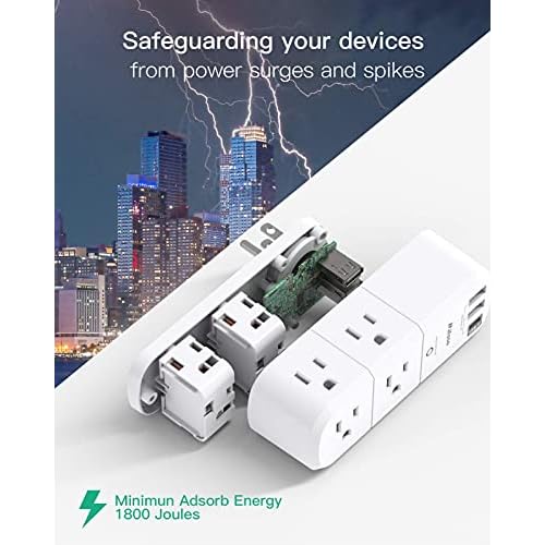 Outlet Extender with Rotating Plug, Mifaso Surge Protector 6 AC Multi Plug Wall Outlets and 3 USB Ports, 1800 Joules, 3-Sided Swivel Power Strip Spaced Splitter for Home, Travel, Dorm Room Essentials