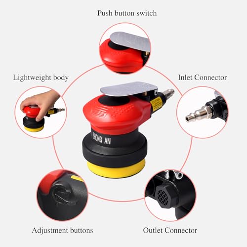 Red 3-Inch Mini Pneumatic Orbital Sander with 10 Sandpapers for Wood Metal Car Finishing