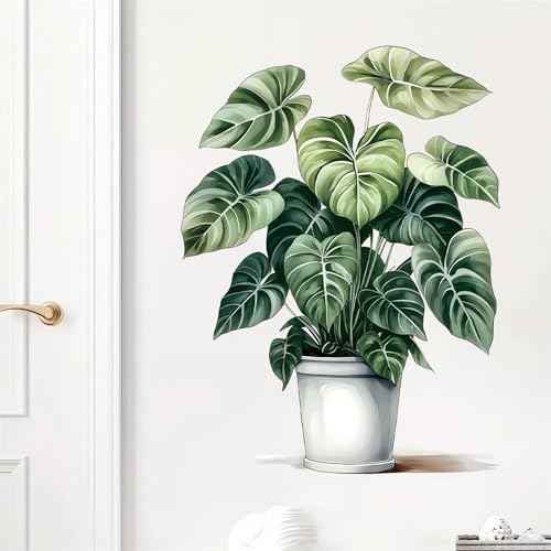 Green Plant Potted Wall Stickers, sacinora Broad-Leaved Plant Art Wall Decals Removable Vinyl Peel and Stick for Living Room Bedroom Study Room Kitchen Home Decorations