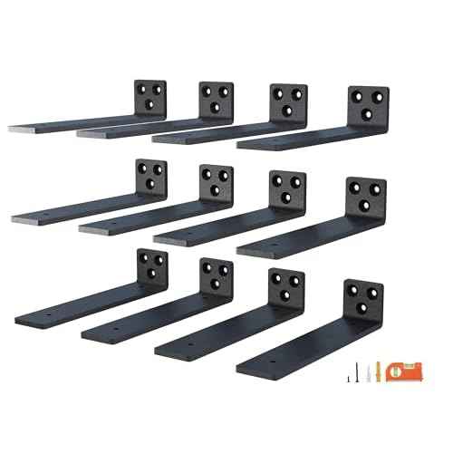 10 Inch Floating Shelf Brackets, Heavy Duty Hidden Bracket for Wall, Mantel, Bookshelves, Black Powder Coated Steel, 12-Pack
