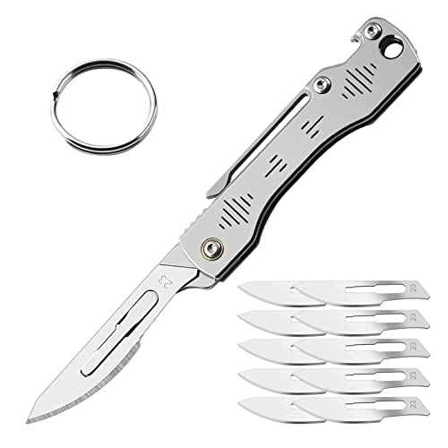 Folding Scalpel Knife, Scalpel Pocket Knife, Scalpels Surgical with 10pcs #23 Replaceable Razor Blades, Bottle Opener - Bread Lame Dough Scoring Tool, EDC Utility Knives, Small Keychain Knives for Men Outdoor Skinning