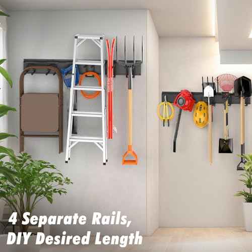 Housolution Heavy Duty Garden Tool Organizer 64 Inch - 18Pack Carries 570 lbs, Garage Tool Organizer Storage System, 4 Rails with 12 Adjustable Hooks, Tool Holder Wall Mount for Warehouse, Workshop
