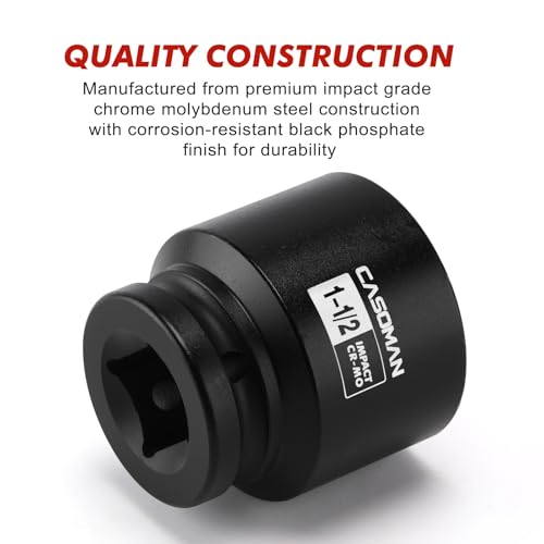 CASOMAN 3/4"Drive x 1-1/2" Shallow Impact Socket, Jumbo Impact Socket, SAE, 6-Point, CR-MO, Black Phosphate Finish