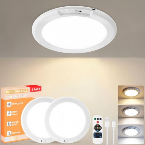 KYEKIO 2-Pack Rechargeable LED Ceiling & Shower Lights with Remote, White