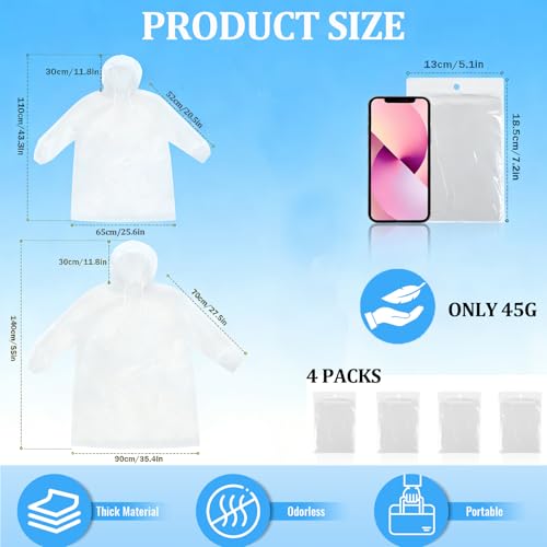 GAOHUI Clear Disposable Rain Ponchos for Adults & Kids Pack of 4, Thicker Material