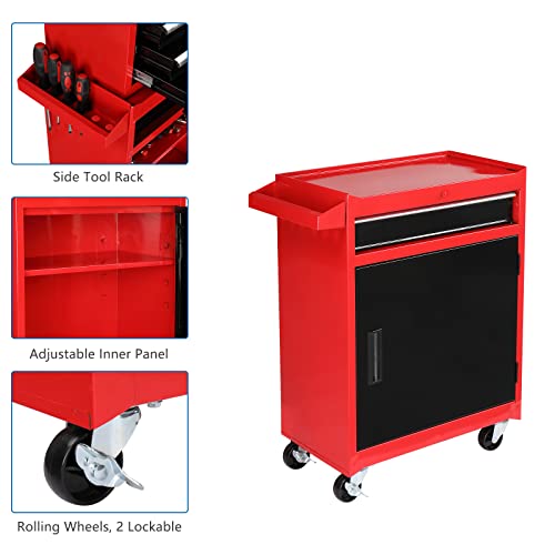 TUFFIOM 5-Drawer Rolling Tool Chest with Lockable Wheels, Detachable Top & Adjustable Shelf – Black/Red