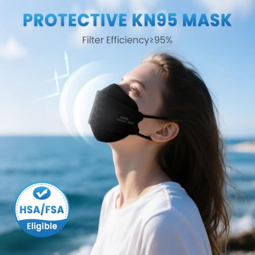 Borje 50 Pack KN95 Face Masks for Adults - Black, 5-Ply, 95% Filtration, Ergonomic Design