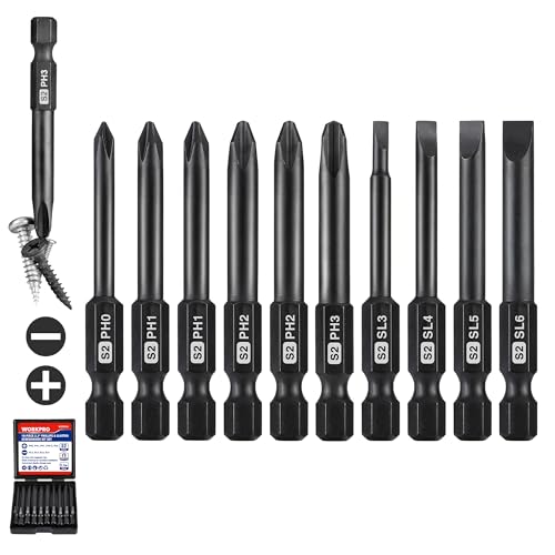 WORKPRO 10pcs Slotted Phillips Screwdriver Bit Set, CNC Machined S2 Steel Magnetic Screwdriver Bits Set, 1/4 Inch Hex Shank Driver Bits, 2.3 Inch Long Screwdriver Bits Set with Storage Box
