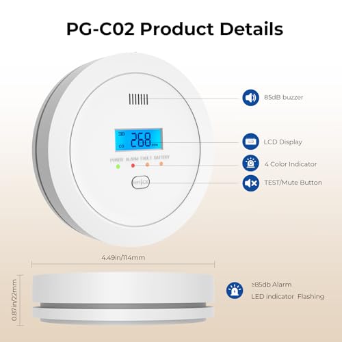 Carbon Monoxide Detector for Home,Battery Powered CO Alarms with Digital Display, CO Detectors with Test &Mute Button,10 Year Sensor Life Alarm,PG-C02,3 PCS
