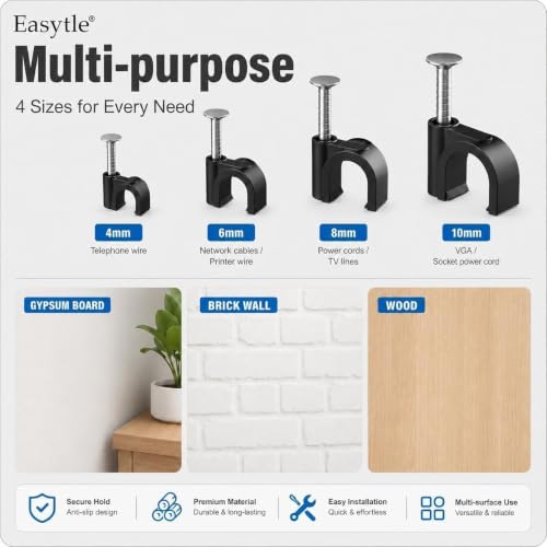 200 Pcs Cable Clips Set - Assorted Sizes for Wire Management in Home & Office