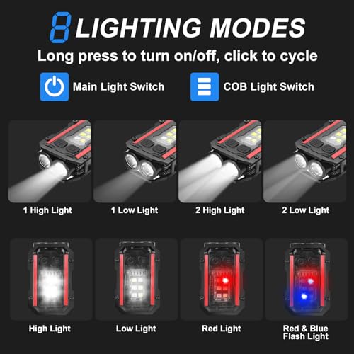 SUNPRO Mini Keychain Flashlight with Clip, 8 Modes Pocket Flash Light, Red Blue COB Side Light, Type-C Rechargeable for Hiking, Camping, Emergency (1, Black)