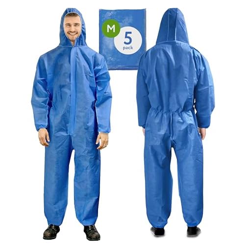AMZ Medical Supply Blue Disposable Coveralls with Hood, Medium Size. Pack of 5 Hazmat Suits Disposable with Front Zip, Elastic Wrists & Ankles. 50 GSM SMS Painters Coveralls. Waterproof Paint Suit