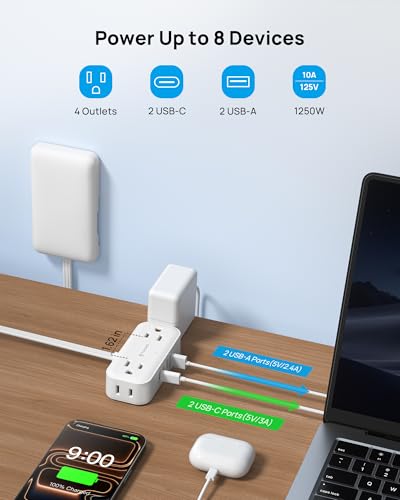 TROND 3ft Flat Extension Cord with Ultra-Thin Outlet Cover, 1250W, White - Includes Wall Mounting