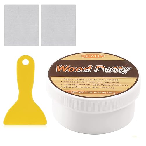 DEWEL Wood Putty Filler, Water-Based Wood Filler White(7oz) for Filling Holes, Cracks, Repairing Furniture Scratches, Damages, with Plastic Scraper and Sandpaper