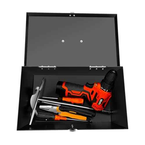 Small Steel Metal Tool Box, Lockable Storage Box for Storing Valuable Items, Office Documents, Garage Tools (12" Black)