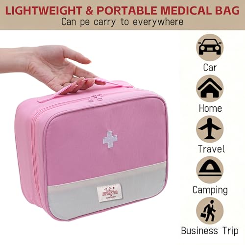Pink Portable First Aid Bag with Multiple Pockets for Travel & Outdoor Use