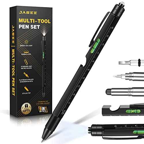Christmas Stocking Stuffers Gifts for Men, White Elephant Gifts for Adults Dad Boyfriend Him Husband, 9 in 1 Multitool Tool Pen Set, Screwdriver, LED Light, Stylus, Bottle Opener, Ruler, Level(Black)