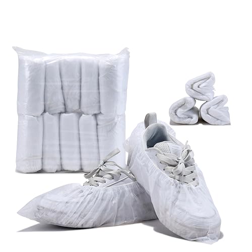 100Pcs50Pairs Disposable Shoe Covers,Boot Cover Waterproof,Dust proof,Non-slip,CPE Booties Shoes Protectors Coverings,White color,The Size Fit Most
