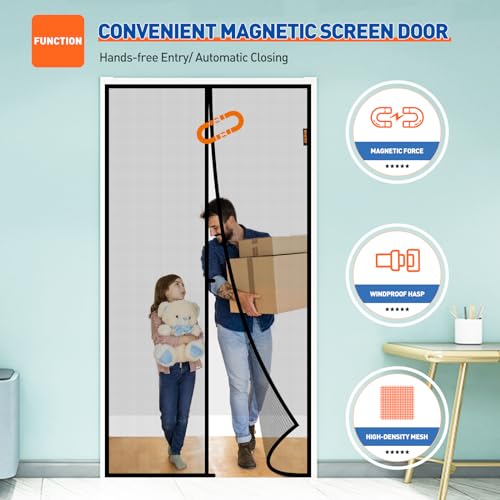 MAGZO Magnetic Screen Door 36x82 Inches Fit Gray Mesh Hands-Free Auto-Close