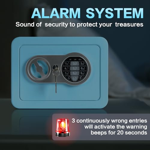 0.23 Cubic Feet Safe Box, Small Safe W/Fireproof Bag, Keys & Pass Code, Digital Electronic Security Money Box for Cash, Document, Home, Office, Hotel Use, Blue, 6.69"D x 9.06"W x 6.69"H