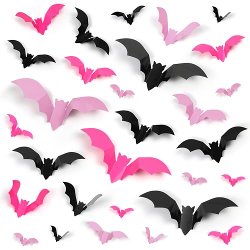 Pink & Black 72 Pcs 3D Bat Wall Decor Stickers Halloween Decorations